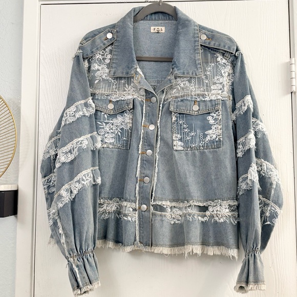 POL Jackets & Blazers - POL Light Wash Lace Ruffle Trim Oversized Denim Shacket Size Small